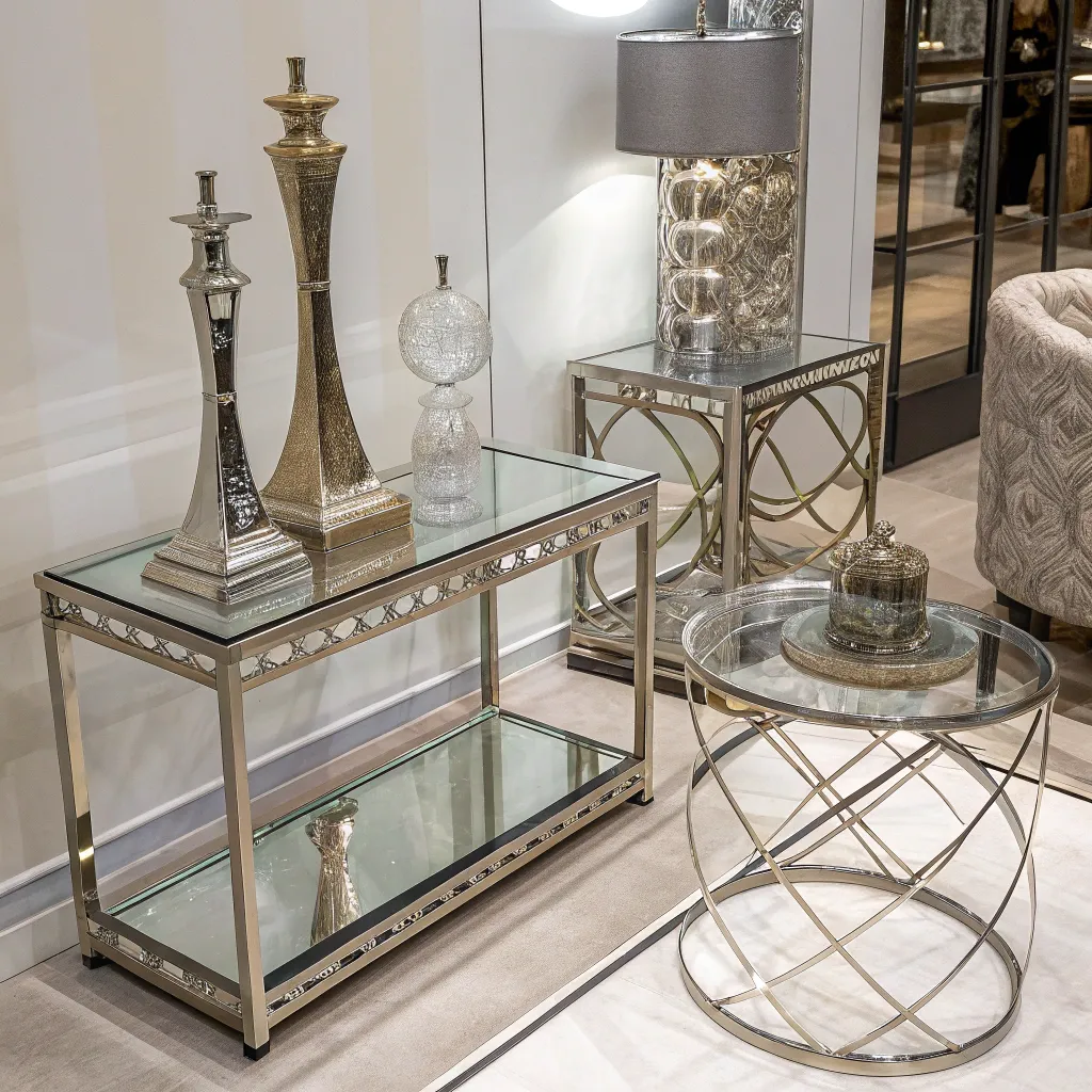 Artistic showcase of metal and glass furniture